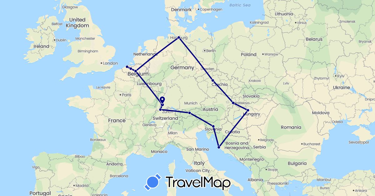 TravelMap itinerary: driving in Austria, Belgium, Switzerland, Czech Republic, Germany, Croatia, Hungary, Slovenia, Slovakia (Europe)